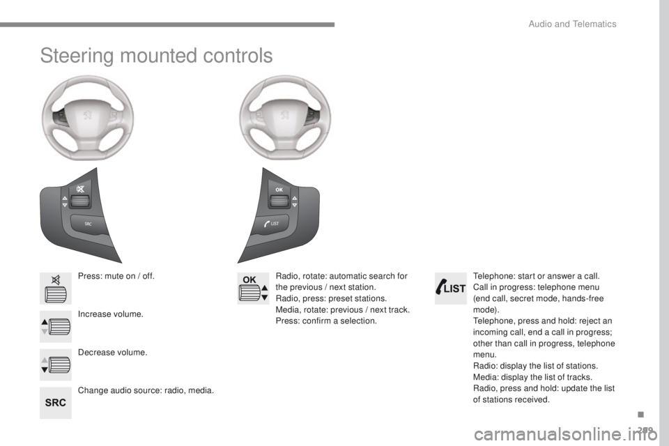Peugeot 308 2017  Owners Manual 299
308_en_Chap10b_SMegplus_ed01-2016
Steering mounted controls
Press: mute on / off.
Increase volume.
Change audio source: radio, media.Radio, rotate: automatic search for 
the previous / next statio