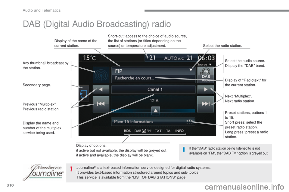 Peugeot 308 2017  Owners Manual 310
308_en_Chap10b_SMegplus_ed01-2016
Display of options:
if active but not available, the display will be greyed out,
if active and available, the display will be blank.Display of "Radiotext"