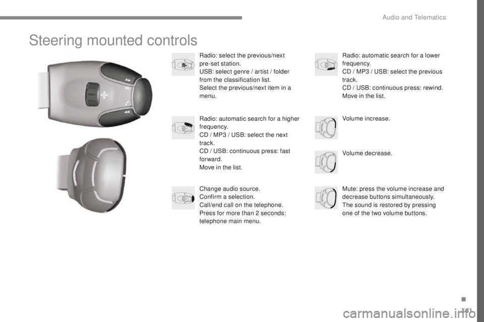 Peugeot 308 2017 Owners Manual 361
308_en_Chap10c_RD45_ed01-2016
Steering mounted controls
Radio: select the previous/next
pre-set station.
uS
B: select genre / artist / folder
from the classification list.
Select the previous/n Peugeot 308 2017 Owners Manual 361
308_en_Chap10c_RD45_ed01-2016
Steering mounted controls
Radio: select the previous/next
pre-set station.
uS
B: select genre / artist / folder
from the classification list.
Select the previous/n