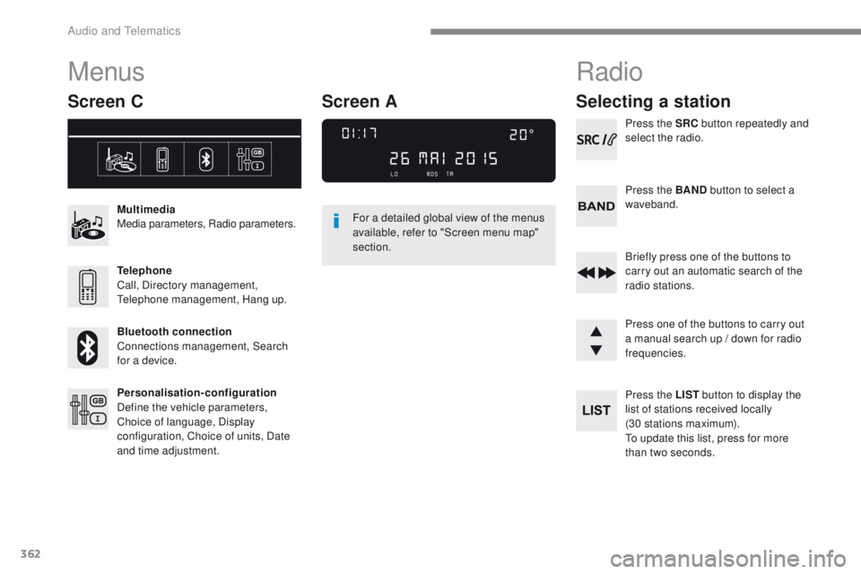 Peugeot 308 2017 Owners Manual 362
308_en_Chap10c_RD45_ed01-2016
Menus
Screen C
Multimedia
Media parameters, Radio parameters.
Telephone
Call, Directory management,
te
lephone management, Hang up.
Bluetooth connection
Connections Peugeot 308 2017 Owners Manual 362
308_en_Chap10c_RD45_ed01-2016
Menus
Screen C
Multimedia
Media parameters, Radio parameters.
Telephone
Call, Directory management,
te
lephone management, Hang up.
Bluetooth connection
Connections