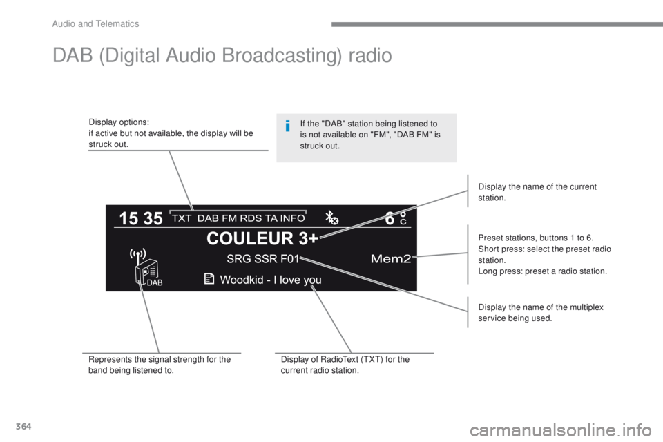 Peugeot 308 2017 Owners Manual 364
308_en_Chap10c_RD45_ed01-2016
DAB (Digital Audio Broadcasting) radio
Display options:
if active but not available, the display will be
struck out.Preset stations, buttons 1 to 6.
Short press: sel Peugeot 308 2017 Owners Manual 364
308_en_Chap10c_RD45_ed01-2016
DAB (Digital Audio Broadcasting) radio
Display options:
if active but not available, the display will be
struck out.Preset stations, buttons 1 to 6.
Short press: sel