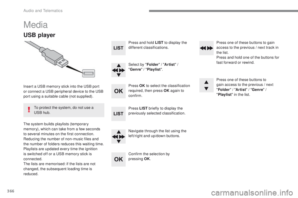 Peugeot 308 2017 Owners Manual 366
308_en_Chap10c_RD45_ed01-2016
Media
USB player
Insert a uSB memory stick into the uS B port
or connect a uS B peripheral device to the uS B
port using a suitable cable (not supplied).
th
e s Peugeot 308 2017 Owners Manual 366
308_en_Chap10c_RD45_ed01-2016
Media
USB player
Insert a uSB memory stick into the uS B port
or connect a uS B peripheral device to the uS B
port using a suitable cable (not supplied).
th
e s