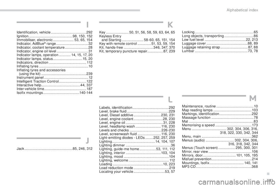 Peugeot 308 2017 Owners Manual 381
308_en_Chap11_index-alpha_ed01-2016
Jack .................................................85, 246, 312
Identification, vehicle
....................................
2
92
Ignition
............... Peugeot 308 2017 Owners Manual 381
308_en_Chap11_index-alpha_ed01-2016
Jack .................................................85, 246, 312
Identification, vehicle
....................................
2
92
Ignition
...............