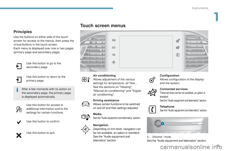 Peugeot 308 2017  Owners Manual 41
308_en_Chap01_instruments-de-bord_ed01-2016
use this button to go to the 
secondary page.
us
e this button to return to the 
primary page.
us

e this button for access to 
additional information an