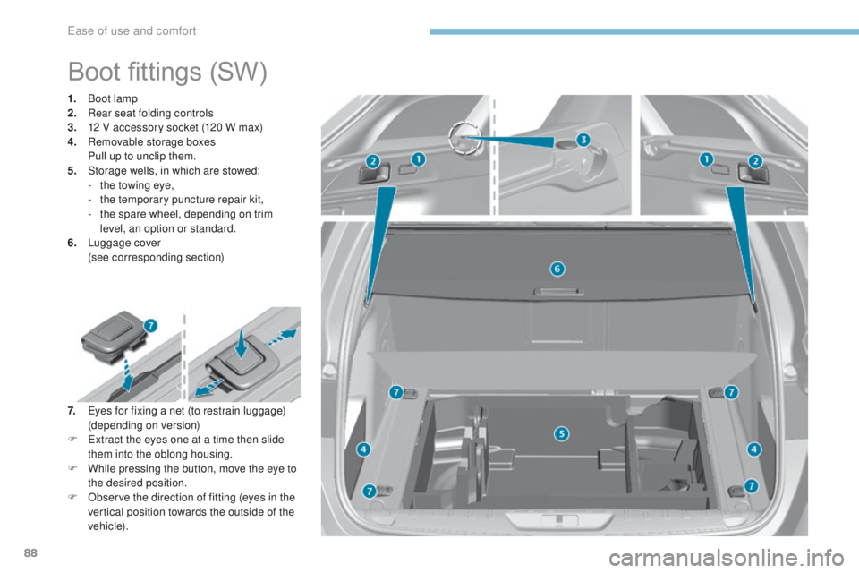 Peugeot 308 2017 Manual Online 88
308_en_Chap03_ergonomie-et-confort_ed01-2016
Boot fittings (SW)
1. Boot lamp
2. Rear seat folding controls
3.
 1

2 V accessory socket (120 W max)
4.
 R

emovable storage boxes
 P

ull up to unclip