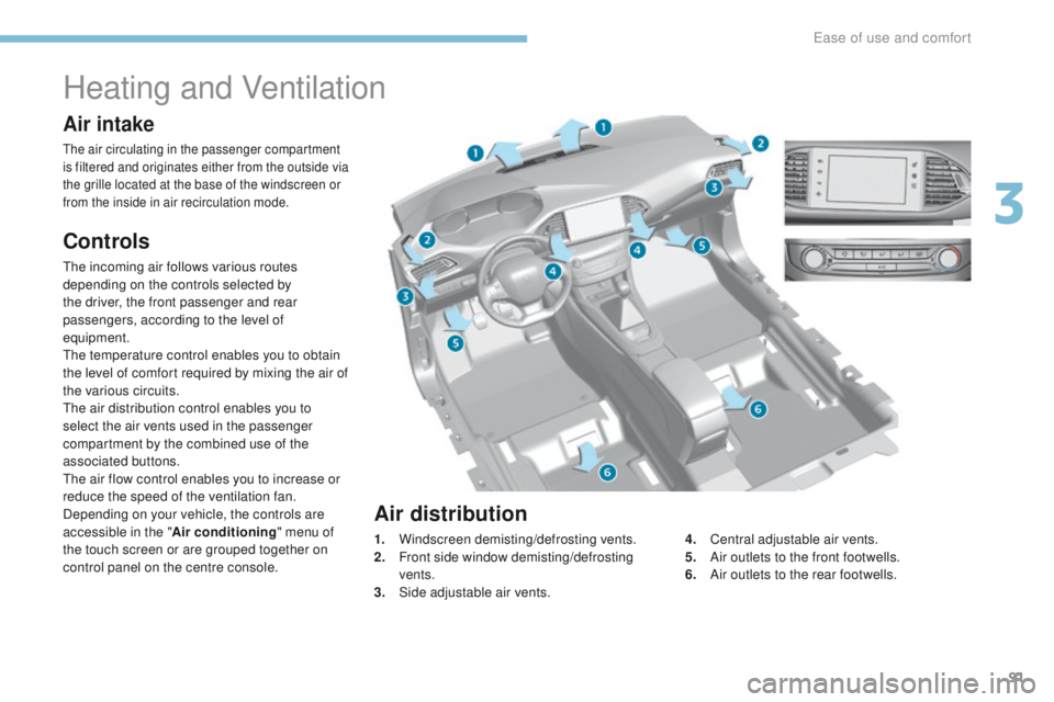 Peugeot 308 2017  Owners Manual 91
308_en_Chap03_ergonomie-et-confort_ed01-2016
Heating and Ventilation
Air intake
the air circulating in the passenger compartment 
is filtered and originates either from the outside via 
the grille 