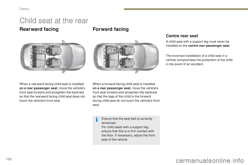 Peugeot 308 2017 Owners Manual - RHD (UK, Australia) 132
Child seat at the rear
Rearward facing
When a rear ward facing child seat is installed
on a rear passenger seat, move the vehicle's
front seat for ward and straighten the backrest
so that t Peugeot 308 2017 Owners Manual - RHD (UK, Australia) 132
Child seat at the rear
Rearward facing
When a rear ward facing child seat is installed
on a rear passenger seat, move the vehicle's
front seat for ward and straighten the backrest
so that t