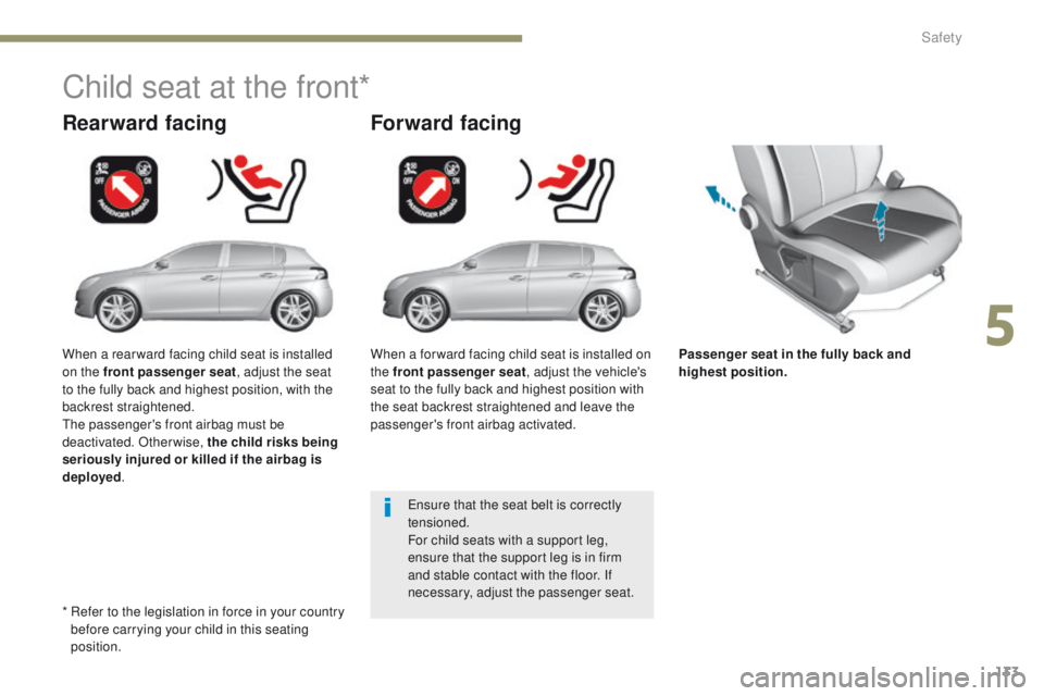Peugeot 308 2017 Owners Manual - RHD (UK, Australia) 133
Passenger seat in the fully back and
highest position.
Rearward facing
Child seat at the front*
Forward facing
ensure that the seat belt is correctly
tensioned.
For child seats with a support le Peugeot 308 2017 Owners Manual - RHD (UK, Australia) 133
Passenger seat in the fully back and
highest position.
Rearward facing
Child seat at the front*
Forward facing
ensure that the seat belt is correctly
tensioned.
For child seats with a support le
