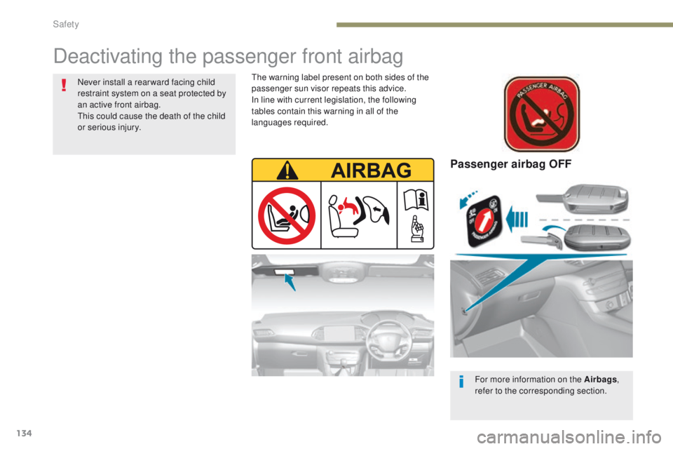 Peugeot 308 2017 Owners Manual - RHD (UK, Australia) 134
Passenger airbag OFF
For more information on the Airbags,
refer to the corresponding section.
Deactivating the passenger front airbag
Never install a rear ward facing child
restraint system on a Peugeot 308 2017 Owners Manual - RHD (UK, Australia) 134
Passenger airbag OFF
For more information on the Airbags,
refer to the corresponding section.
Deactivating the passenger front airbag
Never install a rear ward facing child
restraint system on a