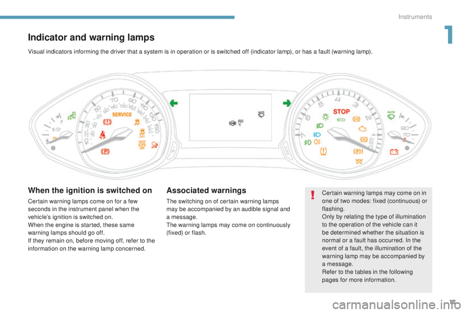 Peugeot 308 2017  Owners Manual - RHD (UK, Australia) 13
Indicator and warning lamps
Certain warning lamps may come on in 
one of two modes: fixed (continuous) or 
flashing.
Only by relating the type of illumination 
to the operation of the vehicle can i