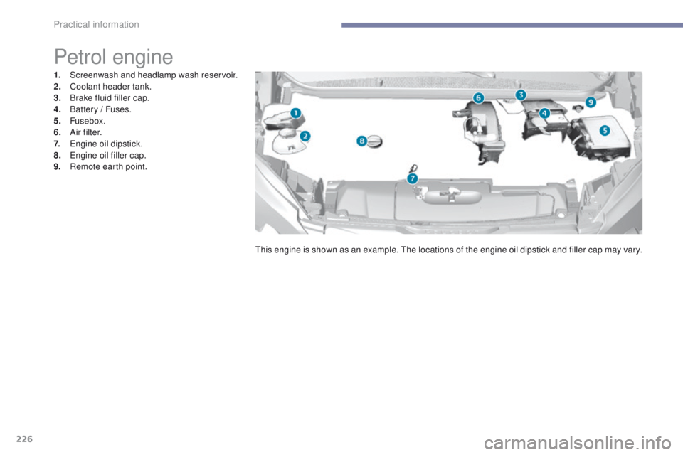 Peugeot 308 2017  Owners Manual - RHD (UK, Australia) 226
Petrol engine
1. Screenwash and headlamp wash reservoir.
2. Coolant header tank.
3.
 B

rake fluid filler cap.
4.
 B

attery / Fuses.
5.
 

Fusebox.
6.
 A

i r f i l t e r.
7.
 

e
n
 gine oil dip