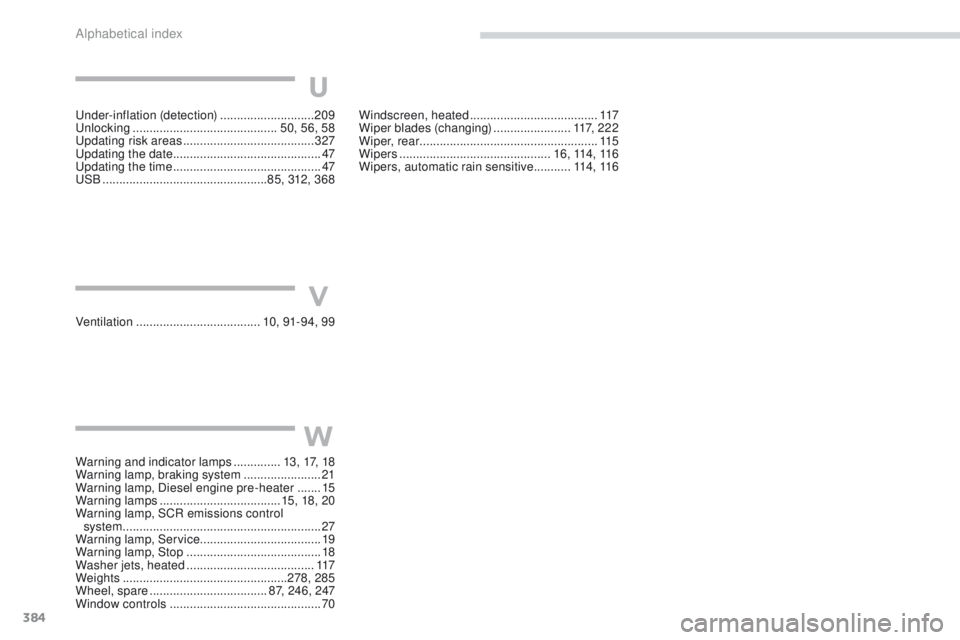 Peugeot 308 2017 Owners Manual - RHD (UK, Australia) 384
under-inflation (detection) ............................20 9unl
ocking .............................. .............50, 56, 58
up
dating risk areas
....................................... 3
27
u Peugeot 308 2017 Owners Manual - RHD (UK, Australia) 384
under-inflation (detection) ............................20 9unl
ocking .............................. .............50, 56, 58
up
dating risk areas
....................................... 3
27
u