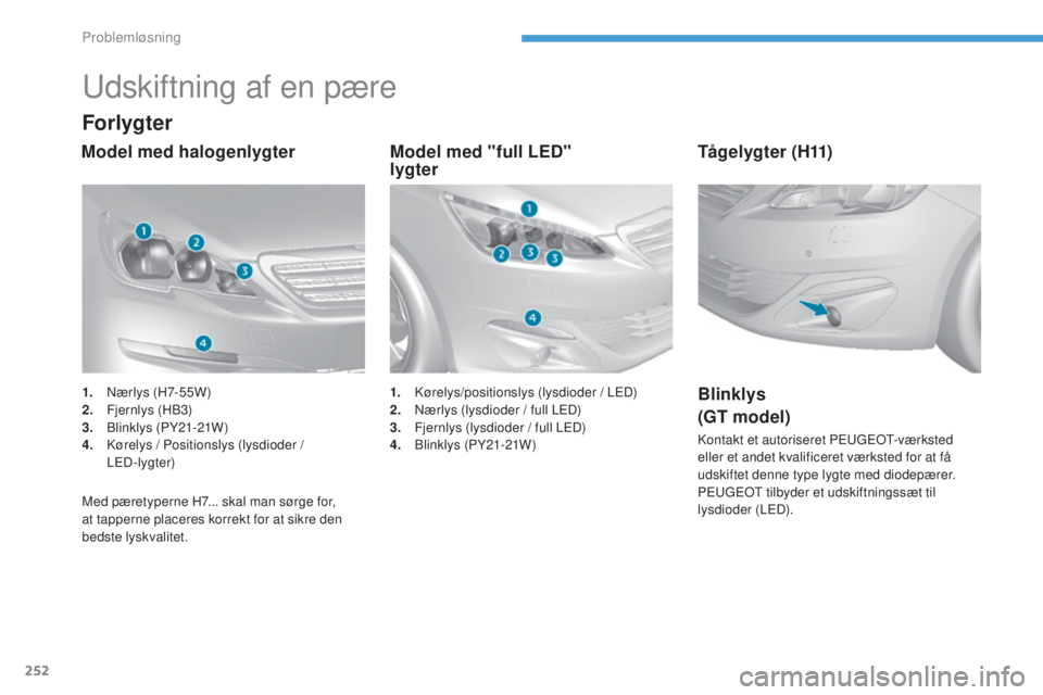 Peugeot 308 2017 Instruktionsbog (in Danish) 252
308_da_Chap08_en-cas-de-panne_ed01-2016
udskiftning af en pære
Forlygter
Model med "full LED"
lygter
Model med halogenlygter
Med pæretyperne H7... skal man sørge for,
at tapperne pla Peugeot 308 2017 Instruktionsbog (in Danish) 252
308_da_Chap08_en-cas-de-panne_ed01-2016
udskiftning af en pære
Forlygter
Model med "full LED"
lygter
Model med halogenlygter
Med pæretyperne H7... skal man sørge for,
at tapperne pla
