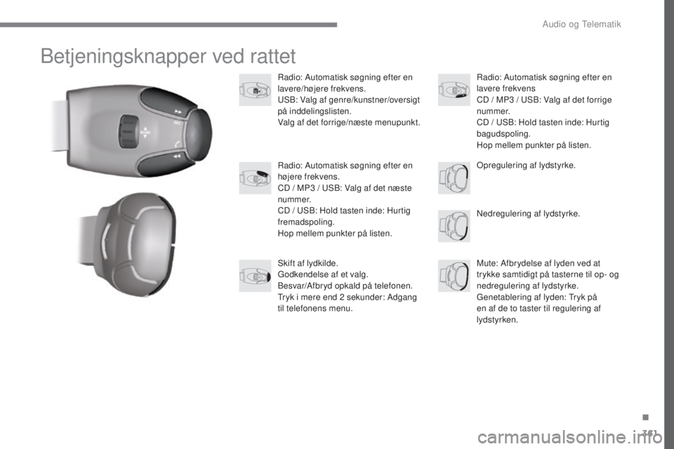 Peugeot 308 2017 Instruktionsbog (in Danish) 361
308_da_Chap10c_RD45_ed01-2016
Betjeningsknapper ved rattet
Radio: Automatisk søgning efter en
lavere/højere frekvens.
uSB
: Valg af genre/kunstner/oversigt
på inddelingslisten.
Valg af det fo Peugeot 308 2017 Instruktionsbog (in Danish) 361
308_da_Chap10c_RD45_ed01-2016
Betjeningsknapper ved rattet
Radio: Automatisk søgning efter en
lavere/højere frekvens.
uSB
: Valg af genre/kunstner/oversigt
på inddelingslisten.
Valg af det fo