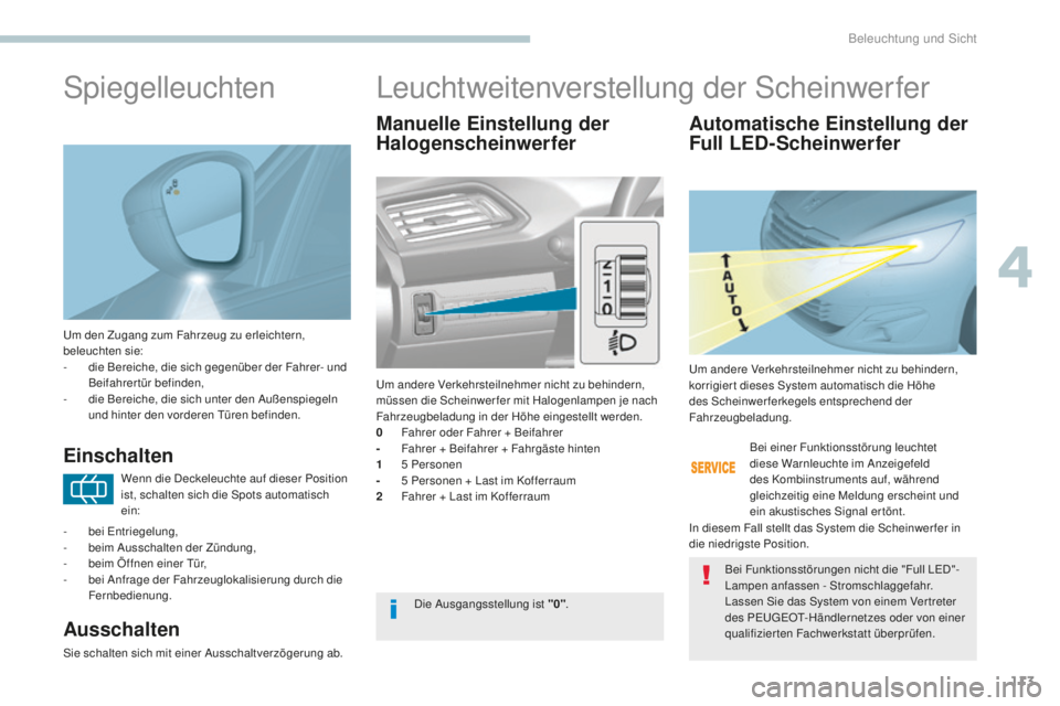 Peugeot 308 2017 Betriebsanleitung (in German) 113
308_de_Chap04_eclairage-et-visibilite_ed01-2016
um den Zugang zum Fahrzeug zu erleichtern,
beleuchten sie:
-
d
ie Bereiche, die sich gegenüber der Fahrer- und
Beifahrertür befinden,
-
d
i Peugeot 308 2017 Betriebsanleitung (in German) 113
308_de_Chap04_eclairage-et-visibilite_ed01-2016
um den Zugang zum Fahrzeug zu erleichtern,
beleuchten sie:
-
d
ie Bereiche, die sich gegenüber der Fahrer- und
Beifahrertür befinden,
-
d
i