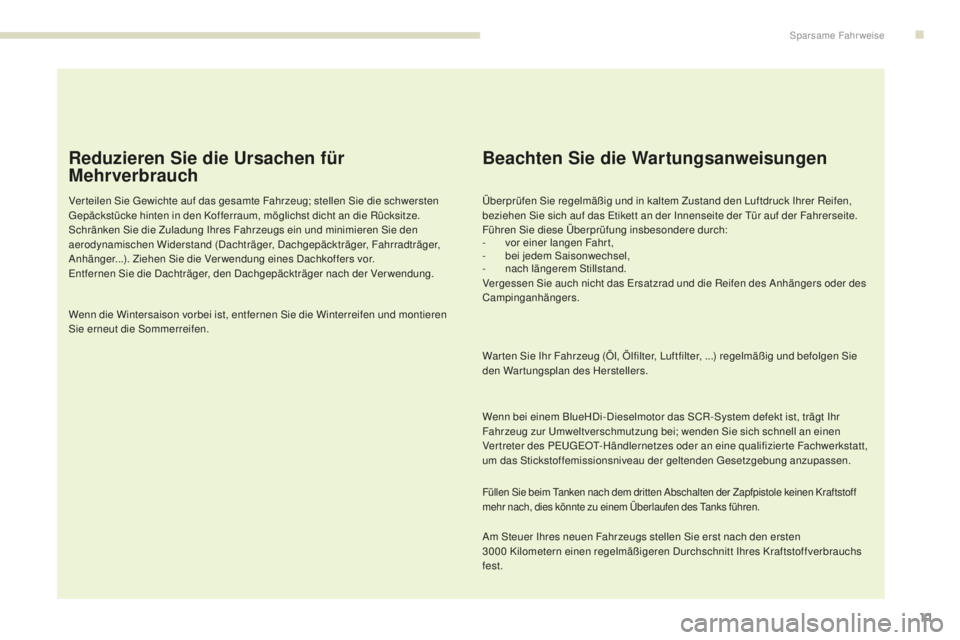 Peugeot 308 2017  Betriebsanleitung (in German) 11
308_de_Chap00c_eco-conduite_ed01-2016
Reduzieren Sie die Ursachen für 
Mehrverbrauch
Ver teilen Sie gewichte auf das gesamte Fahrzeug; stellen Sie die schwersten ge
päckstücke hinten in den Koff