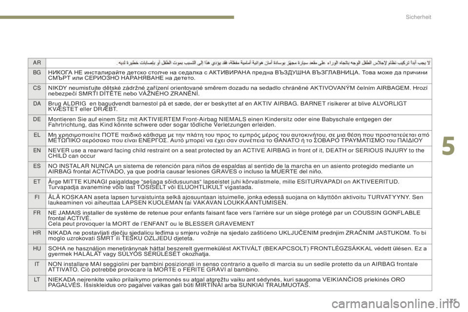 Peugeot 308 2017  Betriebsanleitung (in German) 135
AR
B g
НИКОГА НЕ инсталирайте детско столче на седалка с АКТИВИРАНА предна ВЪЗДУШНА ВЪЗГЛАВНИЦ А. Това може д�