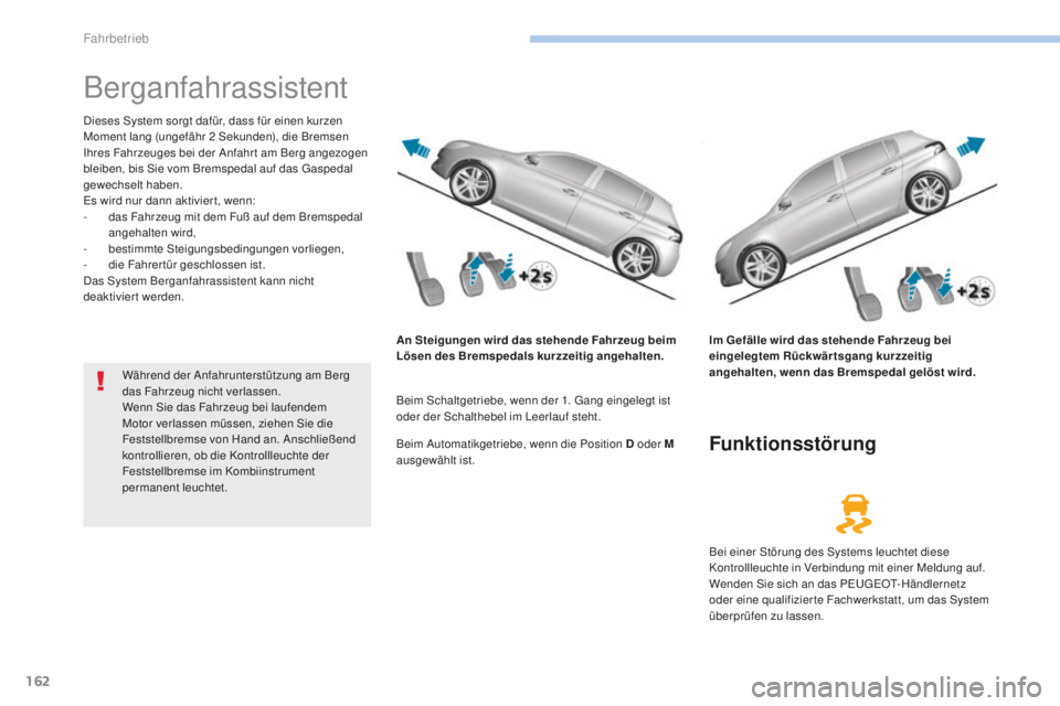 Peugeot 308 2017 Betriebsanleitung (in German) 162
308_de_Chap06_conduite_ed01-2016
Berganfahrassistent
Dieses System sorgt dafür, dass für einen kurzen
Moment lang (ungefähr 2 Sekunden), die Bremsen
Ihres Fahrzeuges bei der Anfahr t am Berg Peugeot 308 2017 Betriebsanleitung (in German) 162
308_de_Chap06_conduite_ed01-2016
Berganfahrassistent
Dieses System sorgt dafür, dass für einen kurzen
Moment lang (ungefähr 2 Sekunden), die Bremsen
Ihres Fahrzeuges bei der Anfahr t am Berg