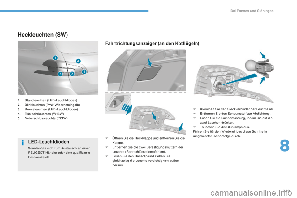 Peugeot 308 2017 Betriebsanleitung (in German) 259
308_de_Chap08_en-cas-de-panne_ed01-2016
Heckleuchten (SW)
LED-Leuchtdioden
Wenden Sie sich zum Austausch an einen
Pe
ugeOt- Händler oder eine qualifizierte
Fachwerkstatt.
Fahrtrichtungsanzeiger Peugeot 308 2017 Betriebsanleitung (in German) 259
308_de_Chap08_en-cas-de-panne_ed01-2016
Heckleuchten (SW)
LED-Leuchtdioden
Wenden Sie sich zum Austausch an einen
Pe
ugeOt- Händler oder eine qualifizierte
Fachwerkstatt.
Fahrtrichtungsanzeiger