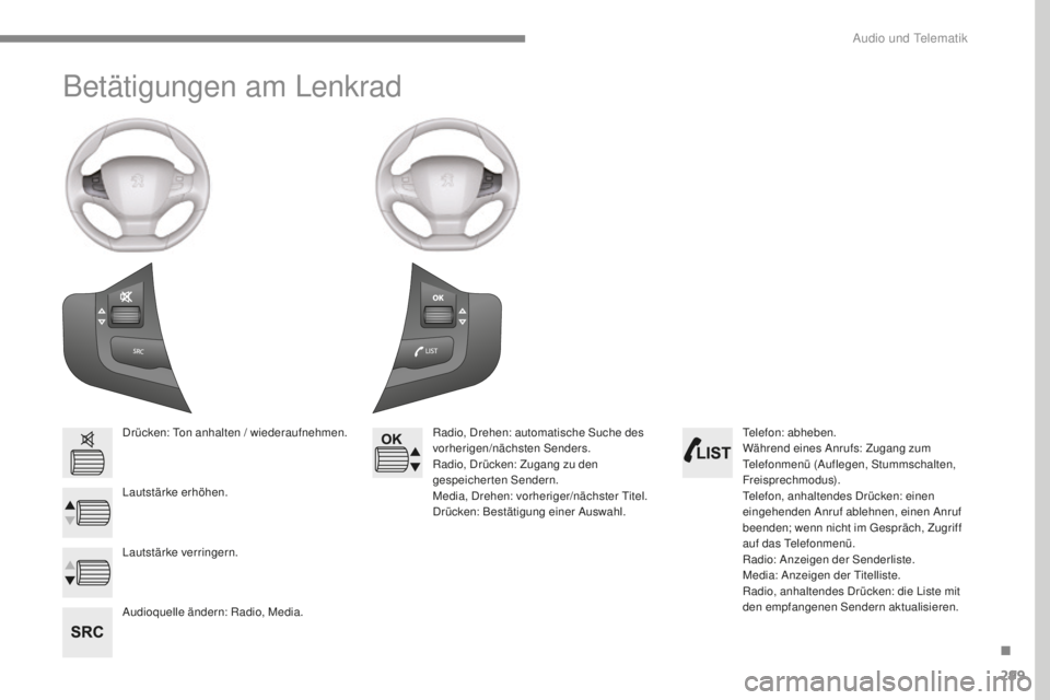 Peugeot 308 2017  Betriebsanleitung (in German) 299
308_de_Chap10b_SMegplus_ed01-2016
Betätigungen am Lenkrad
Drücken: ton anhalten / wiederaufnehmen.
Lautstärke erhöhen.
Audioquelle ändern: Radio, Media. Radio, Drehen: automatische Suche des 