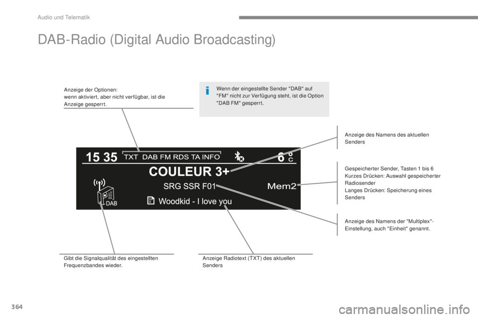 Peugeot 308 2017  Betriebsanleitung (in German) 364
308_de_Chap10c_RD45_ed01-2016
DAB-Radio (Digital Audio Broadcasting)
Anzeige der Optionen:
wenn aktivier t, aber nicht ver fügbar, ist die 
Anzeige gesperrt.
ge
speicherter Sender,  t
a
 sten 1
 