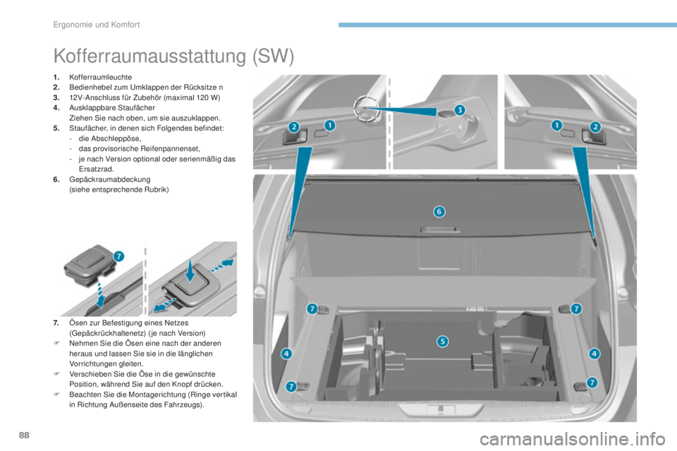 Peugeot 308 2017 Betriebsanleitung (in German) 88
308_de_Chap03_ergonomie-et-confort_ed01-2016
Kofferraumausstattung (SW)
1. Kofferraumleuchte
2. B edienhebel zum um klappen der Rücksitze n
3.
1
2V-Anschluss für Zubehör (maximal 120 W)
4.
Peugeot 308 2017 Betriebsanleitung (in German) 88
308_de_Chap03_ergonomie-et-confort_ed01-2016
Kofferraumausstattung (SW)
1. Kofferraumleuchte
2. B edienhebel zum um klappen der Rücksitze n
3.
1
2V-Anschluss für Zubehör (maximal 120 W)
4.