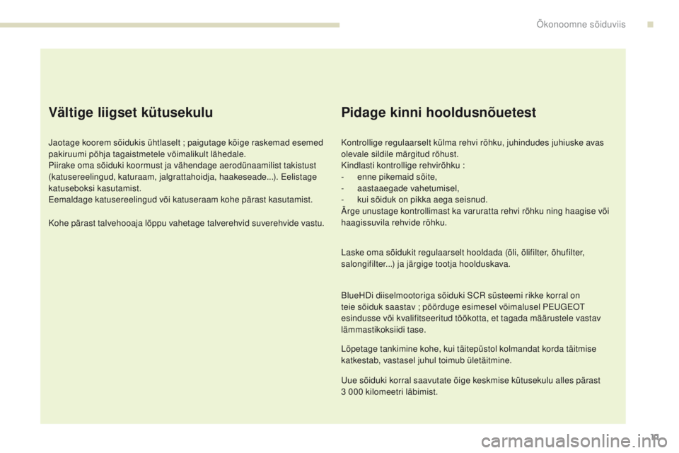 Peugeot 308 2017 Omaniku käsiraamat (in Estonian) 11
308_et_Chap00c_eco-conduite_ed01-2016
Vältige liigset kütusekulu
Jaotage koorem sõidukis ühtlaselt ; paigutage kõige raskemad esemed
pak iruumi põhja tagaistmetele võimalikult lähedale.
Pi Peugeot 308 2017 Omaniku käsiraamat (in Estonian) 11
308_et_Chap00c_eco-conduite_ed01-2016
Vältige liigset kütusekulu
Jaotage koorem sõidukis ühtlaselt ; paigutage kõige raskemad esemed
pak iruumi põhja tagaistmetele võimalikult lähedale.
Pi