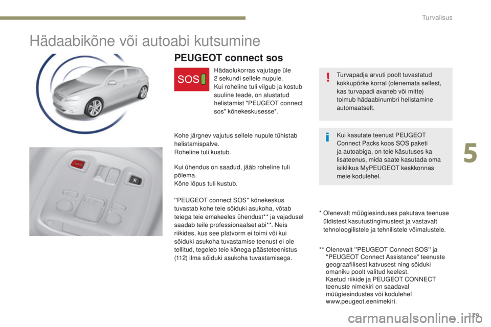 Peugeot 308 2017  Omaniku käsiraamat (in Estonian) 119
308_et_Chap05_securite_ed01-2016
Hädaabikõne või autoabi kutsumine
turvapadja arvuti poolt tuvastatud 
k okkupõrke korral (olenemata sellest, 
kas turvapadi avaneb või mitte) 
toimub hädaabi