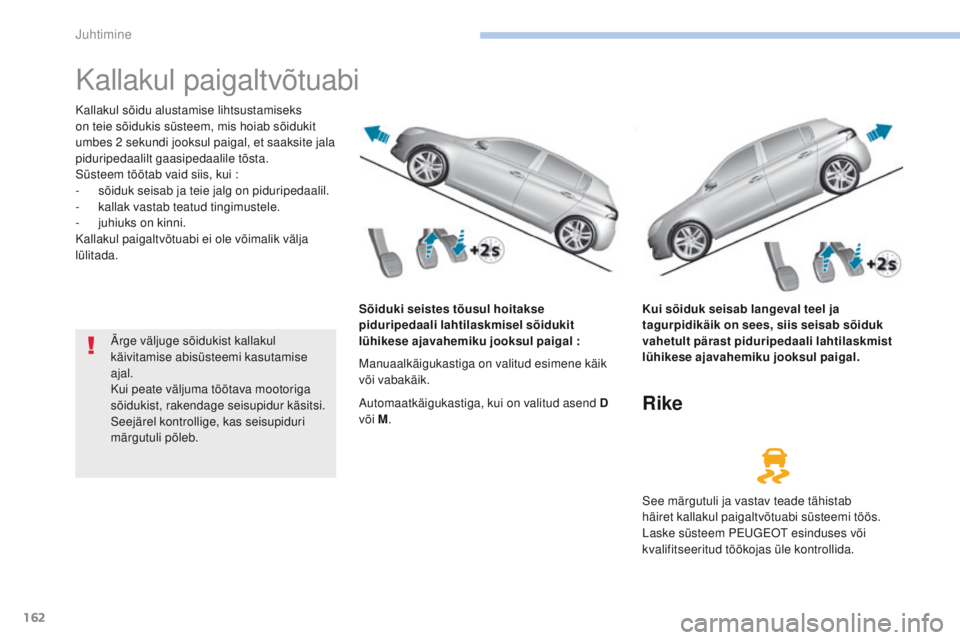 Peugeot 308 2017  Omaniku käsiraamat (in Estonian) 162
308_et_Chap06_conduite_ed01-2016
Kallakul paigaltvõtuabi
Kallakul sõidu alustamise lihtsustamiseks 
on teie sõidukis süsteem, mis hoiab sõidukit 
umbes 2 sekundi jooksul paigal, et saaksite j