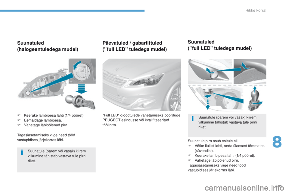 Peugeot 308 2017 Omaniku käsiraamat (in Estonian) 255
308_et_Chap08_en-cas-de-panne_ed01-2016
tagasiasetamiseks viige need tööd
v astupidises järjekorras läbi.
Suunatuled
(halogeentuledega mudel)
Suunatule (parem või vasak) kiirem
vilkumine t Peugeot 308 2017 Omaniku käsiraamat (in Estonian) 255
308_et_Chap08_en-cas-de-panne_ed01-2016
tagasiasetamiseks viige need tööd
v astupidises järjekorras läbi.
Suunatuled
(halogeentuledega mudel)
Suunatule (parem või vasak) kiirem
vilkumine t