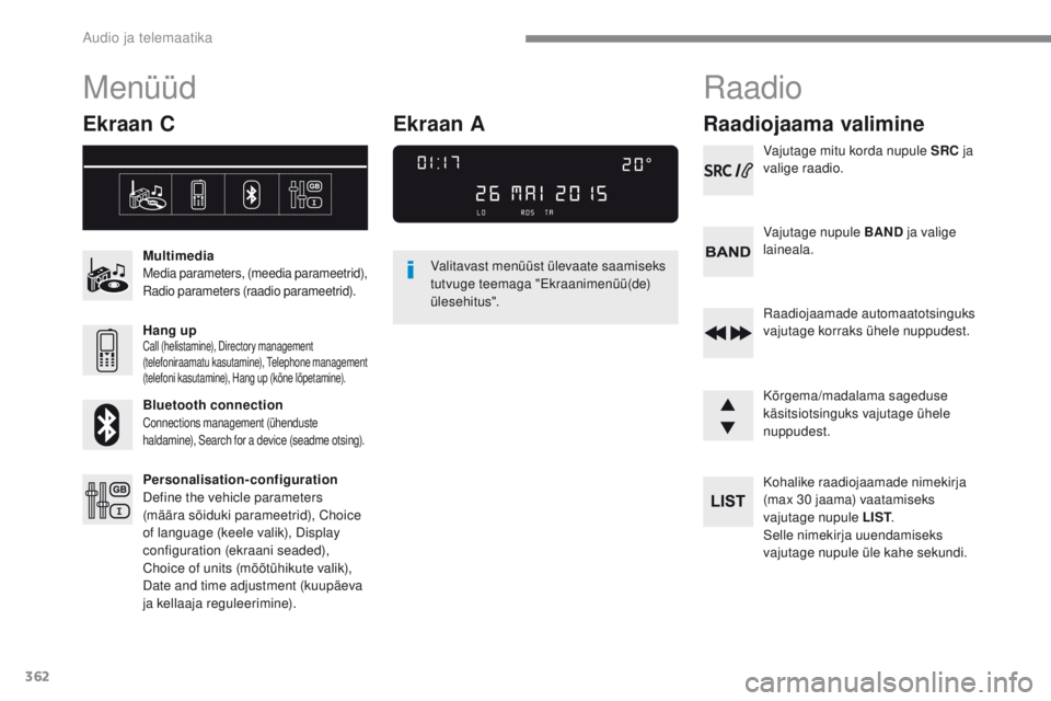 Peugeot 308 2017 Omaniku käsiraamat (in Estonian) 362
308_et_Chap10c_RD45_ed01-2016
Menüüd
Ekraan C
MultimediaMedia parameters, (meedia parameetrid),
Radio parameters (raadio parameetrid).
Hang upCall (helistamine), Directory management
(telefoni Peugeot 308 2017 Omaniku käsiraamat (in Estonian) 362
308_et_Chap10c_RD45_ed01-2016
Menüüd
Ekraan C
MultimediaMedia parameters, (meedia parameetrid),
Radio parameters (raadio parameetrid).
Hang upCall (helistamine), Directory management
(telefoni