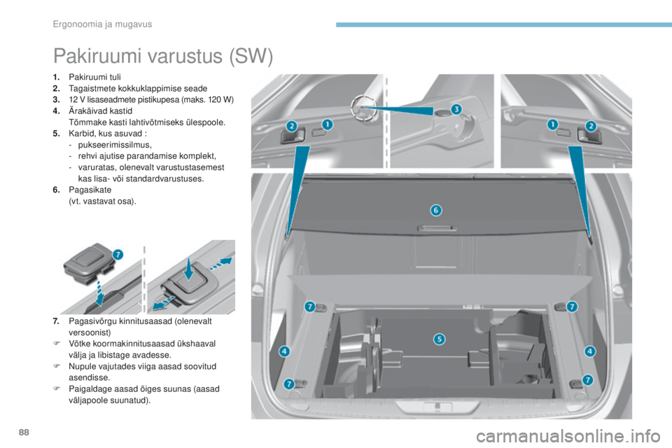 Peugeot 308 2017  Omaniku käsiraamat (in Estonian) 88
308_et_Chap03_ergonomie-et-confort_ed01-2016
Pakiruumi varustus (SW)
1. Pakiruumi tuli
2.  taga istmete kokkuklappimise seade
3.
 12 V lisaseadmete pistikupesa (maks. 120 W)4. Ärakäivad kastid   