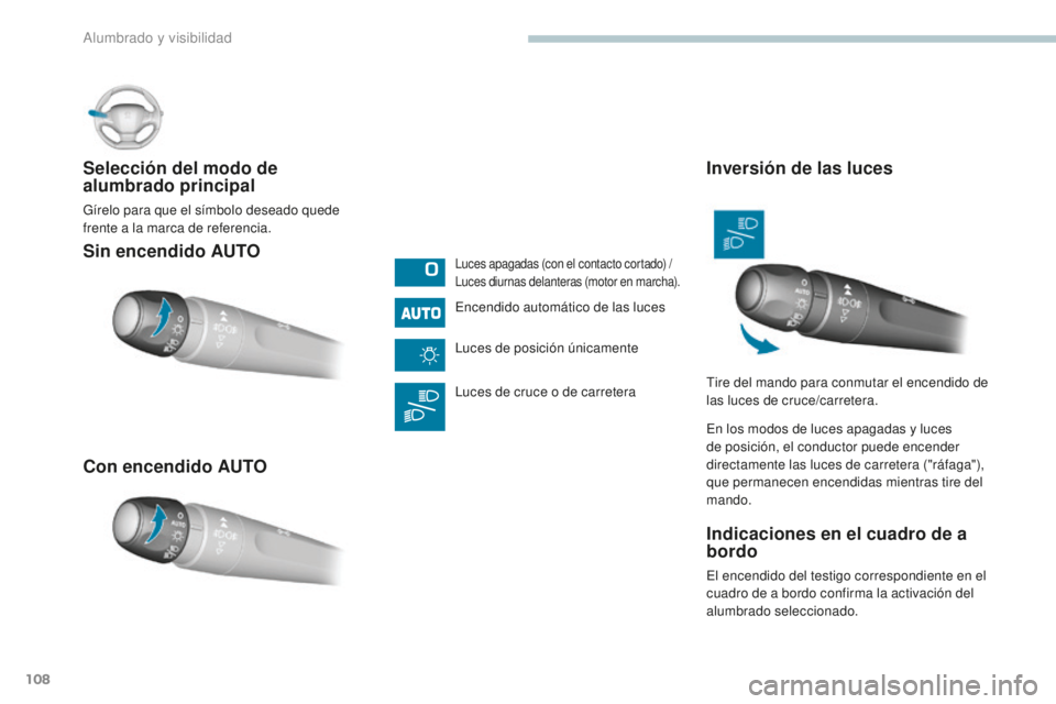 Peugeot 308 2017 Manual del propietario (in Spanish) 108
308_es_Chap04_eclairage-et-visibilite_ed01-2016
Sin encendido AUTO
Con encendido AUTO Selección del modo de
alumbrado principal
Gírelo para que el símbolo deseado quede
frente a la marca de r Peugeot 308 2017 Manual del propietario (in Spanish) 108
308_es_Chap04_eclairage-et-visibilite_ed01-2016
Sin encendido AUTO
Con encendido AUTO Selección del modo de
alumbrado principal
Gírelo para que el símbolo deseado quede
frente a la marca de r