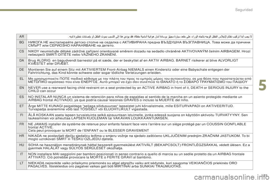 Peugeot 308 2017 Manual del propietario (in Spanish) 135
AR
BG
НИКОГА НЕ инсталирайте детско столче на седалка с АКТИВИРАНА предна ВЪЗДУШНА ВЪЗГЛАВНИЦ А. Това може да Peugeot 308 2017 Manual del propietario (in Spanish) 135
AR
BG
НИКОГА НЕ инсталирайте детско столче на седалка с АКТИВИРАНА предна ВЪЗДУШНА ВЪЗГЛАВНИЦ А. Това може да