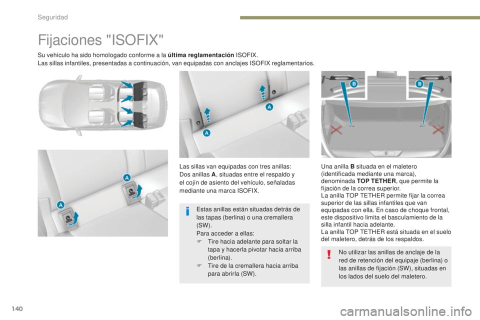 Peugeot 308 2017  Manual del propietario (in Spanish) 140
308_es_Chap05_securite_ed01-2016
Su vehículo ha sido homologado conforme a la última reglamentación ISOFIX.
Las sillas infantiles, presentadas a continuación, van equipadas con anclajes ISOFIX