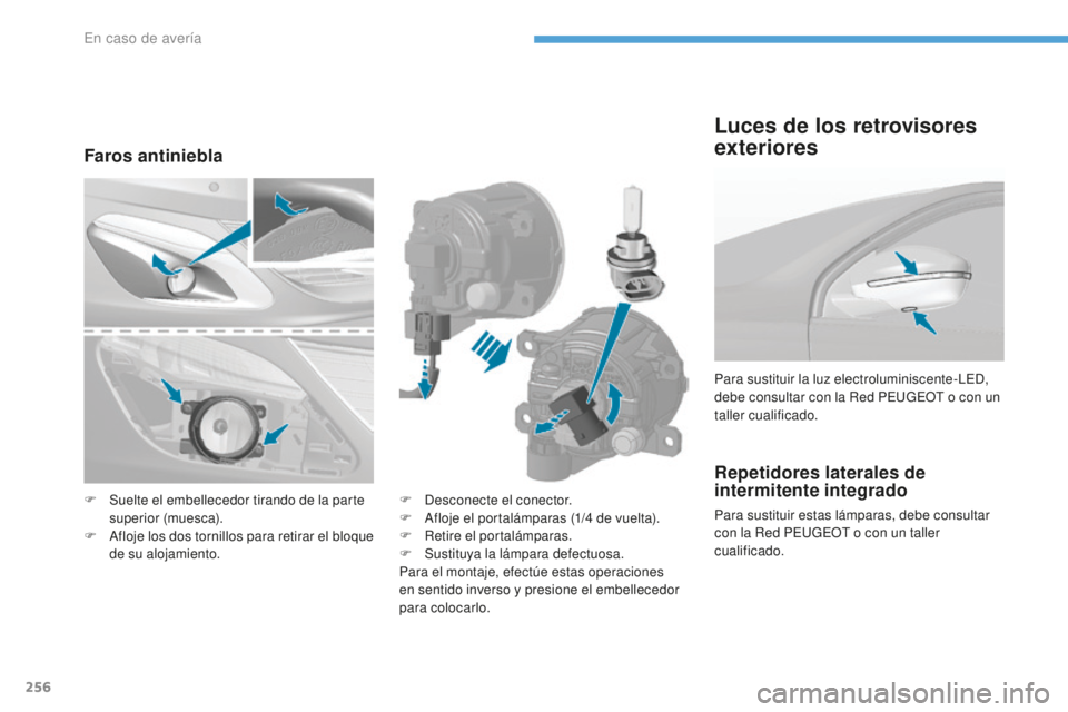 Peugeot 308 2017  Manual del propietario (in Spanish) 256
308_es_Chap08_En-cas-de-panne_ed01-2016
Repetidores laterales de 
intermitente integrado
Para sustituir estas lámparas, debe consultar 
con la Red PEUGEOT o con un taller 
cualificado. Para susti