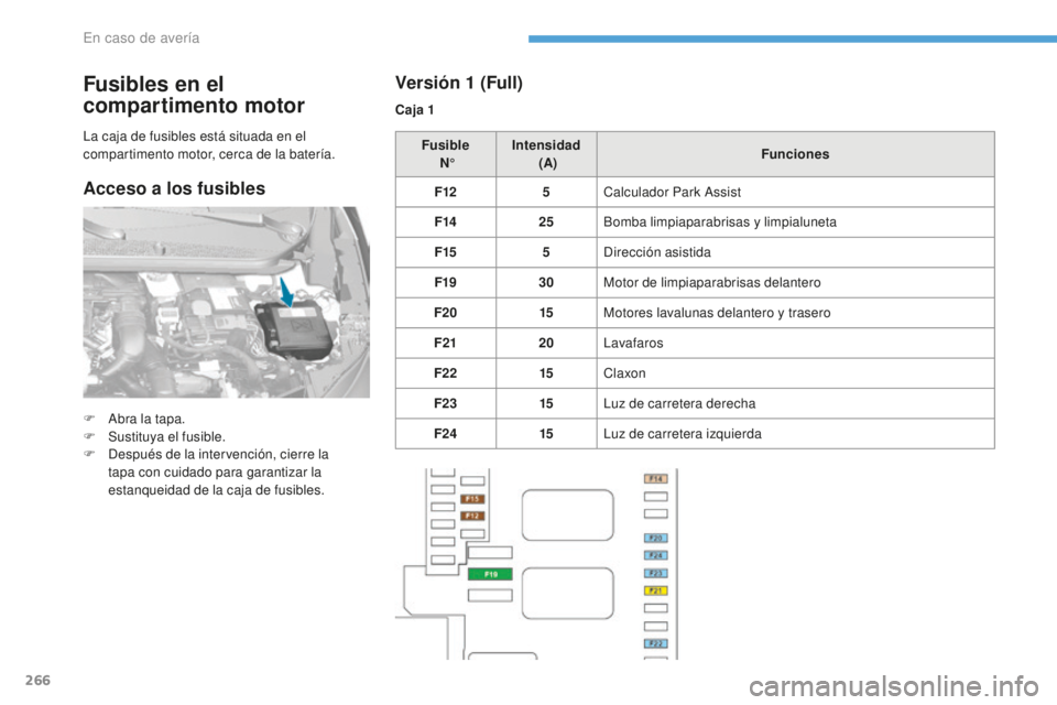 Peugeot 308 2017  Manual del propietario (in Spanish) 266
308_es_Chap08_En-cas-de-panne_ed01-2016
Fusibles en el 
compartimento motor
F Abra la tapa.
F S ustituya el fusible.
F
 
D
 espués de la intervención, cierre la 
tapa con cuidado para garantizar