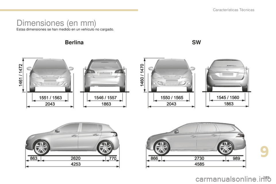 Peugeot 308 2017  Manual del propietario (in Spanish) 289
308_es_Chap09_caracteristiques-techniques_ed01-2016
Dimensiones (en mm)Estas dimensiones se han medido en un vehículo no cargado.
BerlinaSW
9 
Características Técnicas  