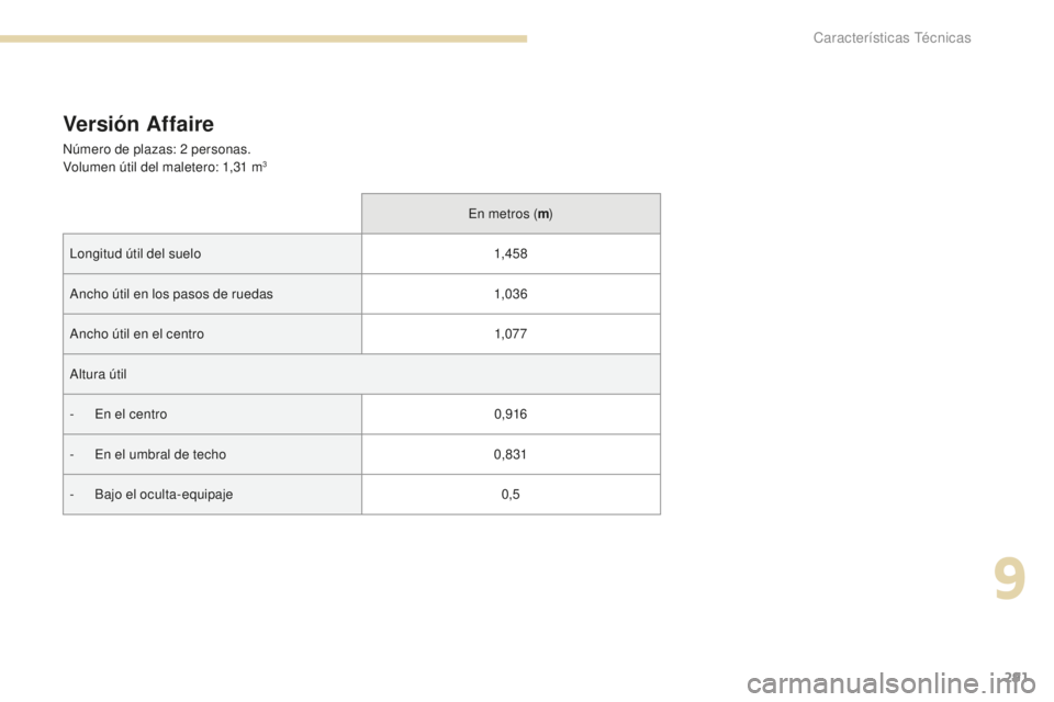 Peugeot 308 2017  Manual del propietario (in Spanish) 291
308_es_Chap09_caracteristiques-techniques_ed01-2016
Versión Affaire
Número de plazas: 2 personas.
V olumen útil del maletero: 1,31   m3
En metros (m)
Longitud útil del suelo 1,4 5 8
Ancho úti