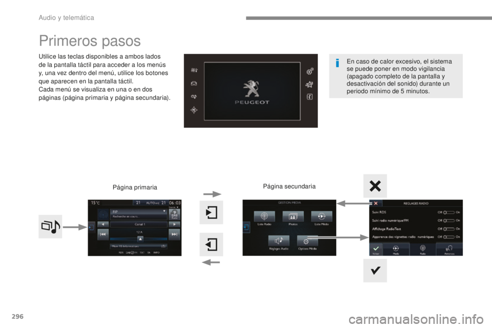 Peugeot 308 2017  Manual del propietario (in Spanish) 296
308_es_Chap10b_SMEGplus_ed01-2016
Primeros pasos
Utilice las teclas disponibles a ambos lados 
de la pantalla táctil para acceder a los menús 
y, una vez dentro del menú, utilice los botones 
q