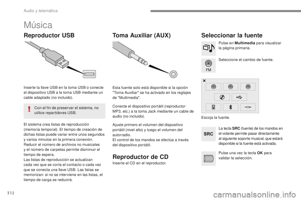 Peugeot 308 2017 Manual del propietario (in Spanish) 312
308_es_Chap10b_SMEGplus_ed01-2016
Música
Reproductor USBSeleccionar la fuente
La tecla SRC (fuente) de los mandos en
el volante permite pasar directamente
al siguiente soporte musical, que esta Peugeot 308 2017 Manual del propietario (in Spanish) 312
308_es_Chap10b_SMEGplus_ed01-2016
Música
Reproductor USBSeleccionar la fuente
La tecla SRC (fuente) de los mandos en
el volante permite pasar directamente
al siguiente soporte musical, que esta