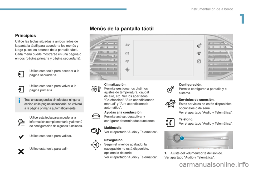 Peugeot 308 2017 Manual del propietario (in Spanish) 41
308_es_Chap01_instruments-de-bord_ed01-2016
Utilice esta tecla para acceder a la
página secundaria.
Utilice esta tecla para volver a la
página primaria.
Utilice esta tecla para acceder a la
in Peugeot 308 2017 Manual del propietario (in Spanish) 41
308_es_Chap01_instruments-de-bord_ed01-2016
Utilice esta tecla para acceder a la
página secundaria.
Utilice esta tecla para volver a la
página primaria.
Utilice esta tecla para acceder a la
in