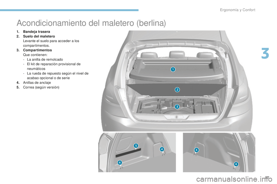 Peugeot 308 2017 Manual del propietario (in Spanish) 87
308_es_Chap03_ergonomie-et-confort_ed01-2016
Acondicionamiento del maletero (berlina)
1. Bandeja trasera
2. Suelo del maletero
L
evante el suelo para acceder a los
compartimentos.
3.
C
ompart Peugeot 308 2017 Manual del propietario (in Spanish) 87
308_es_Chap03_ergonomie-et-confort_ed01-2016
Acondicionamiento del maletero (berlina)
1. Bandeja trasera
2. Suelo del maletero
L
evante el suelo para acceder a los
compartimentos.
3.
C
ompart