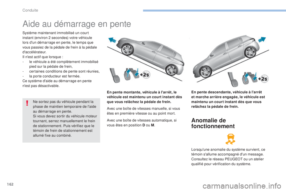Peugeot 308 2017 Manuel du propriétaire (in French) 162
Aide au démarrage en pente
Système maintenant immobilisé un court
instant (environ 2 secondes) votre véhicule
lors d'un démarrage en pente, le temps que
vous passiez de la pédale de Peugeot 308 2017 Manuel du propriétaire (in French) 162
Aide au démarrage en pente
Système maintenant immobilisé un court
instant (environ 2 secondes) votre véhicule
lors d'un démarrage en pente, le temps que
vous passiez de la pédale de