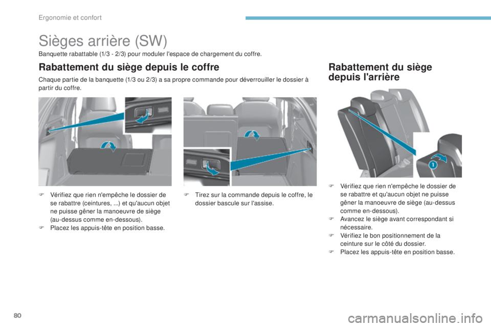 Peugeot 308 2017  Manuel du propriétaire (in French) 80
Sièges arrière (SW)
Banquette rabattable (1/3 - 2/3) pour moduler l'espace de chargement du coffre.
Chaque partie de la banquette (1/3 ou 2/3) a sa propre commande pour déverrouiller le doss