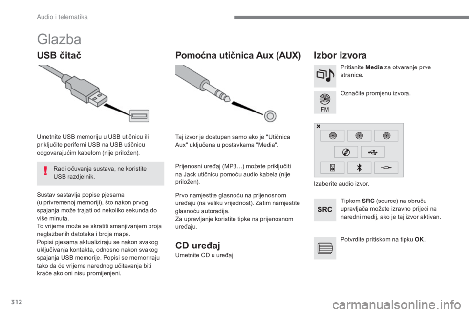 Peugeot 308 2017  Vodič za korisnike (in Croatian) 312
308_hr_Chap10b_SMEGplus_ed01-2016
Glazba
USB čitačIzbor izvora
Tipkom SRC (source) na obruču 
upravljača možete izravno prijeći na 
naredni medij, ako je taj izvor aktivan. Označite promjen