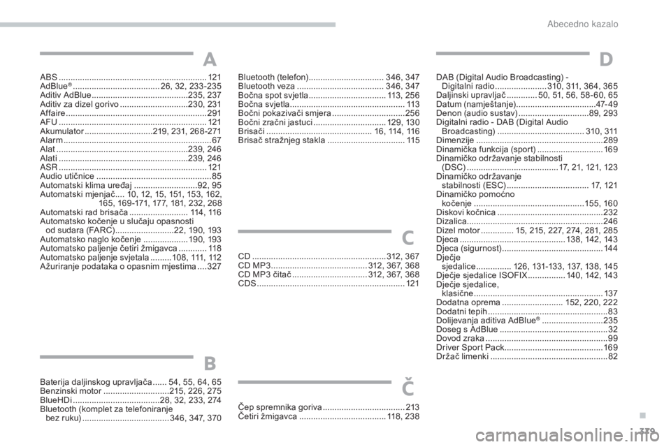 Peugeot 308 2017 Vodič za korisnike (in Croatian) 379
308_hr_Chap11_index-alpha_ed01-2016
aBS ...............................................................121
AdBlue® ............................... ...... 26, 32, 233 -235
Aditiv AdBlue .......... Peugeot 308 2017 Vodič za korisnike (in Croatian) 379
308_hr_Chap11_index-alpha_ed01-2016
aBS ...............................................................121
AdBlue® ............................... ...... 26, 32, 233 -235
Aditiv AdBlue ..........