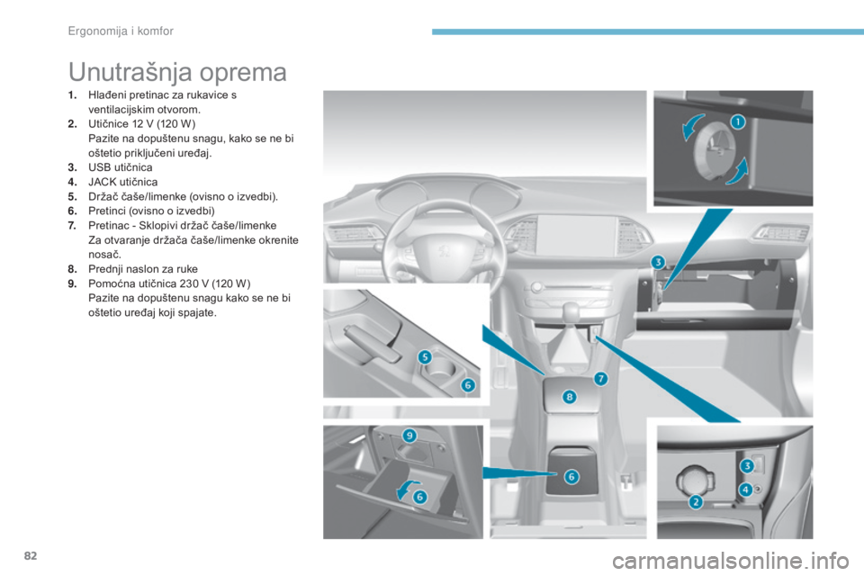 Peugeot 308 2017 Vodič za korisnike (in Croatian) 82
308_hr_Chap03_ergonomie-et-confort_ed01-2016
Unutrašnja oprema
1. Hlađeni pretinac za rukavice s ventilacijskim otvorom.
2.
U
tičnice 12 V (120 W)
P
azite na dopuštenu snagu, kako se ne bi Peugeot 308 2017 Vodič za korisnike (in Croatian) 82
308_hr_Chap03_ergonomie-et-confort_ed01-2016
Unutrašnja oprema
1. Hlađeni pretinac za rukavice s ventilacijskim otvorom.
2.
U
tičnice 12 V (120 W)
P
azite na dopuštenu snagu, kako se ne bi