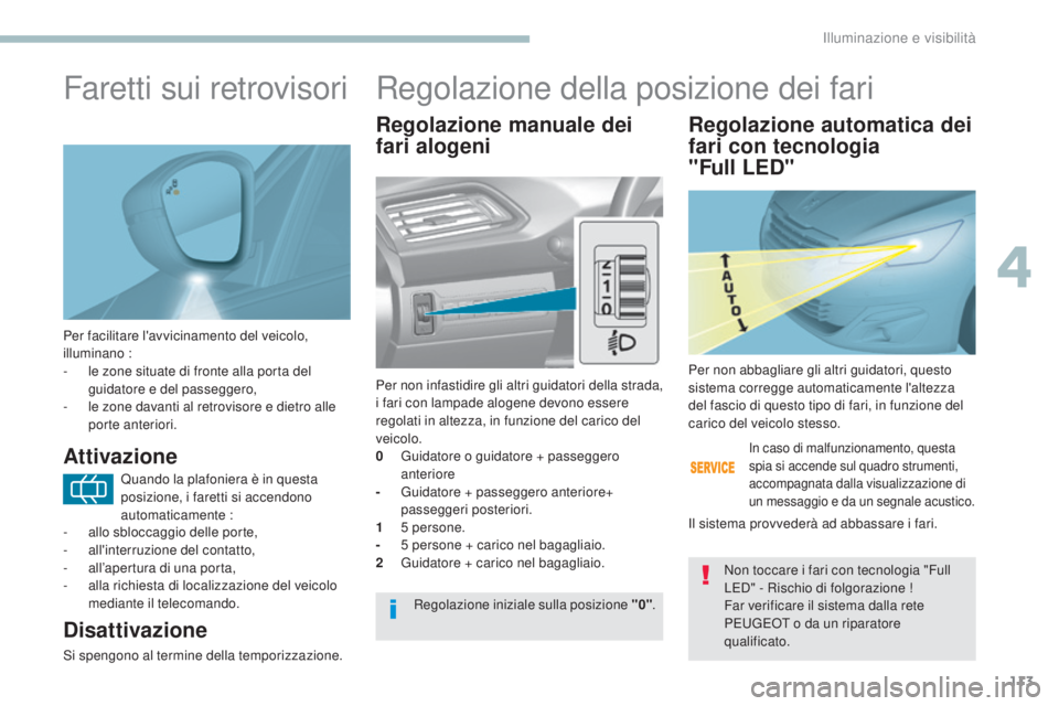 Peugeot 308 2017  Manuale del proprietario (in Italian) 113
308_it_Chap04_eclairage-et-visibilite_ed01-2016
Per facilitare l'avvicinamento del veicolo, 
illuminano :
- 
l
 e zone situate di fronte alla porta del 
guidatore e del passeggero,
-
 
l
 e zo
