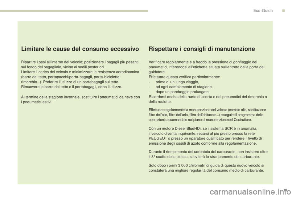 Peugeot 308 2017 Manuale del proprietario (in Italian) 11
308_it_Chap00c_eco-conduite_ed01-2016
Limitare le cause del consumo eccessivo
Ripartire i pesi all'interno del veicolo; posizionare i bagagli più pesanti
sul fondo del bagagliaio, vicino ai s Peugeot 308 2017 Manuale del proprietario (in Italian) 11
308_it_Chap00c_eco-conduite_ed01-2016
Limitare le cause del consumo eccessivo
Ripartire i pesi all'interno del veicolo; posizionare i bagagli più pesanti
sul fondo del bagagliaio, vicino ai s